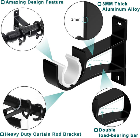Gudui Curtain Rod Bracket 3 Pack, Heavy Duty Curtain Rod Holders Hooks for Wall Curtain Rod Hangers Supports for 1 inch Drapery Rod, Black...
