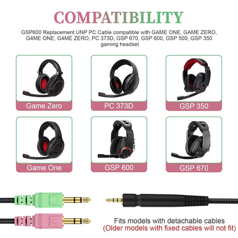 GSP 600 Replacement Cable Compatible with Sennheiser GAME ONE, GAME ZERO, PC 373D, GSP 670, GSP 600, GSP 500, GSP 350 Gaming Headset, 6.6ft...