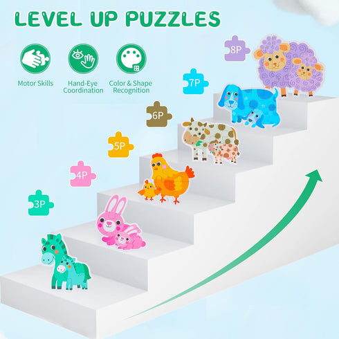 FLYINGSEEDS 6 Packs Parent-Child Themed Wooden Jigsaw Puzzles for Toddlers Ages 1-3, Level-Up Puzzles for Beginner, Montessori Learning Toys Presc...