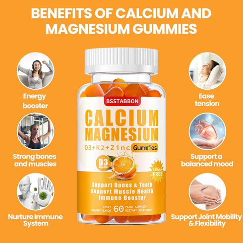 Sugar Free Calcium Magnesium Gummies 600mg Calcium,300mg Magnesium Complex, with Vitamin D3 & K2,Supplements for Energy Support?60 Gummies? (60 Co...