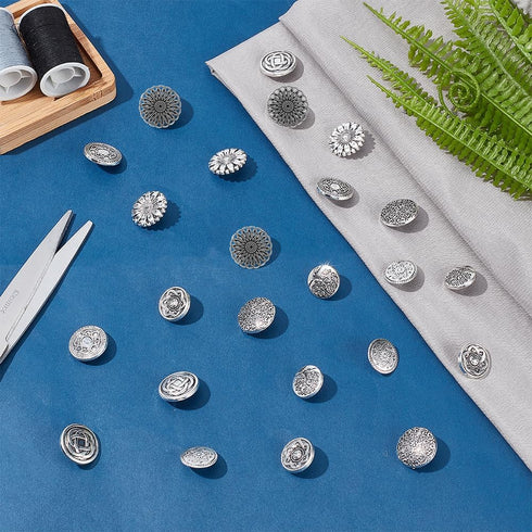 PH PandaHall 80pcs Metal Shank Buttons 8 Style Engraved Metal Buttons Antique Silver Metal Buttons with Shank Retro Alloy Buttons for Costumes Sew...