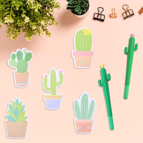 Whaline 12 Pieces Cactus Shaped Roller Pens with Cactus Sticky Notes Cactus Gel Ink Pens Cactus Neutral Pen Writing Plant Pen Succulent Note Pad f...