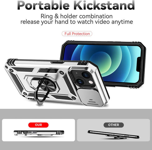 Hitaoyou Compatible with iPhone 15 Case, iPhone 15 Case with Camera Cover & Kickstand Military Grade Shockproof Heavy Duty Protective with Magneti...