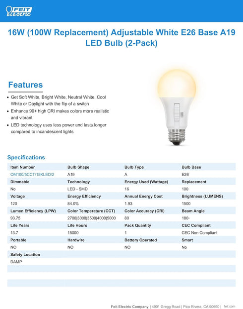 Feit Electric A19 LED Light Bulb, 100W Equivalent, Non-Dimmable, 5CCT, E26 Medium Base, 90 CRI, 1500 Lumens, Standard Light Bulb with Switch on Bu...