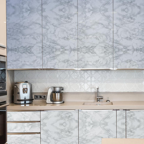 Glossy Marble Paper Granite White Gray Wallpaper 11.8"x78.7" Peel and Stick Wallpaper Vinyl Self Adhesive and Removable Renovated Contact Paper fo...