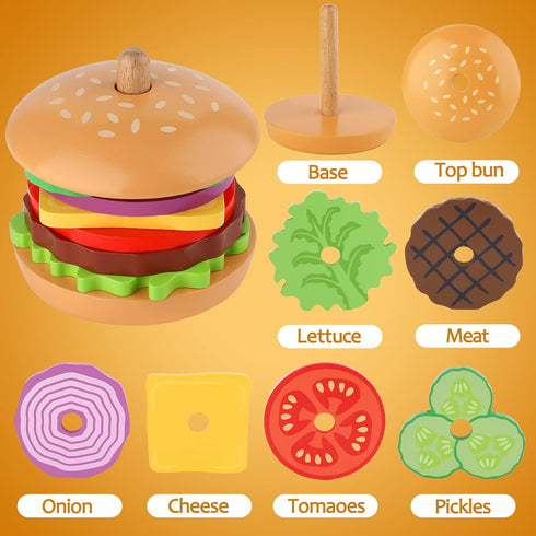 Montessori Toys for 3 Year Old - Wooden Burger Stacking Toys for Toddlers and Kids Preschool, Educational Toys, Fine Motor Skill Toy, Blocks for T...