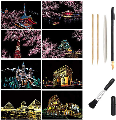 Scratch Art Paper, Rainbow Night View Scratchboard for Adults & Kids, Mini Envelope Postcard Art & Crafts Set: 8 Sheets Scratch Cards & Scratch Dr...