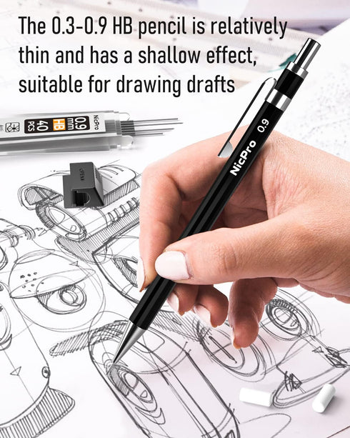 Nicpro Black Art Mechanical Pencil Set in Case, Metal Drafting Pencils 0.3, 0.5, 0.7, 0.9 & 2mm Graphite Lead Holders (2H HB 2B 4B Colored Lead) f...