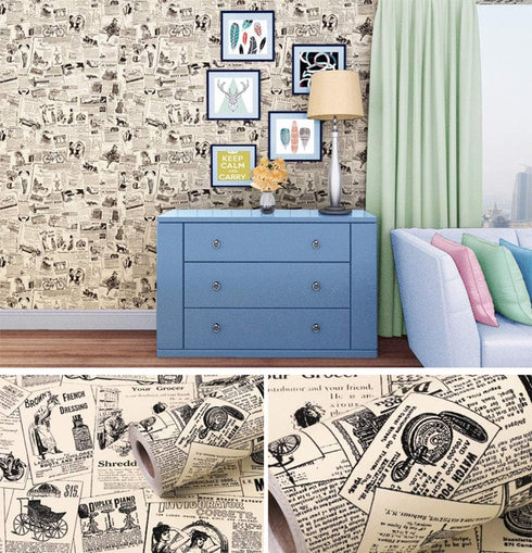 Self-Adhesive Vintage Newspapaer Wall Paper Drawer Shelf Liner for Kitchen Bathroom Cabinets Dresser Wall Crafts 17.7x117 Inches...