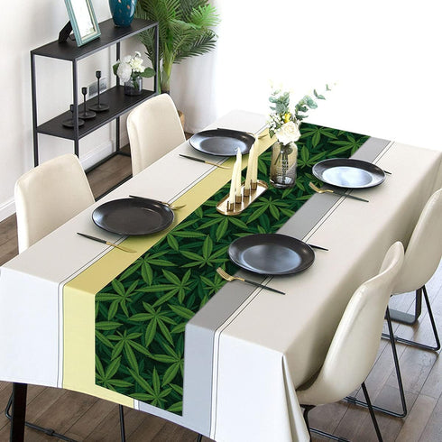 Sunwer Linen Marijuana Leaf Table Runner, 13" x 72", Green, Modern Pattern, Perfect for Kitchen Dining & Themed Parties...