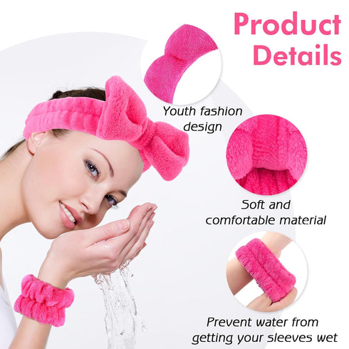 4Pcs Spa Headband for Washing Face Wristbands Set Women Bubble Skincare Makeup Sponge Terry Cloth Padded Puffy Headband Bow Tie Hairband Cute Non ...