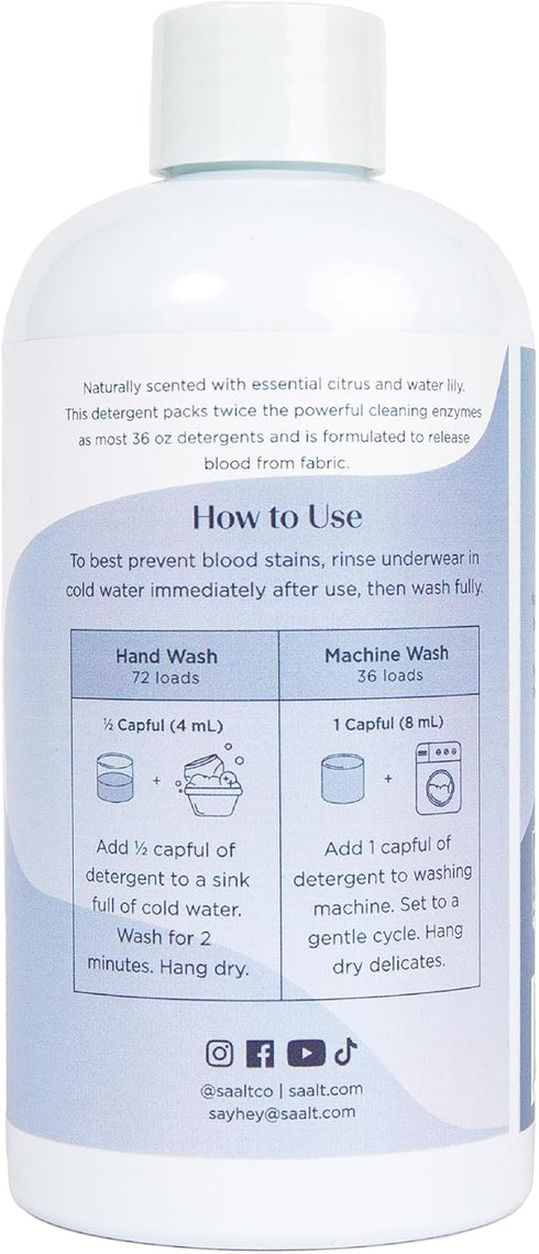 Saalt Period Underwear Detergent - Releases Blood and Odor from Fabric - Twice the Powerful Enzymes - Gentle on Delicates - 72 loads, 10 oz. - Ess...