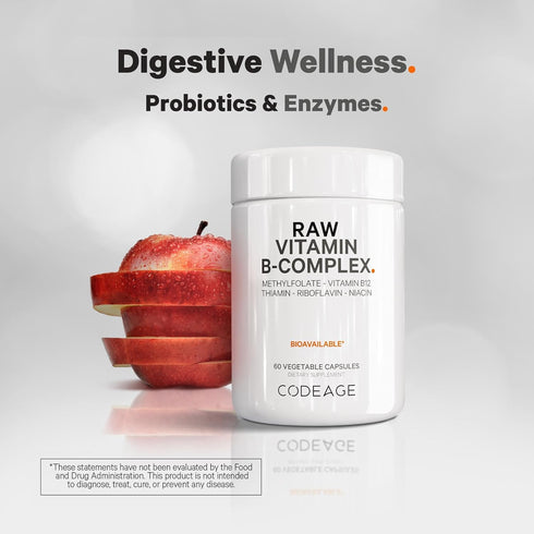 Codeage Raw Vitamin B-Complex Supplement - Essential B Vitamins with Probiotics, Digestive Enzymes, Fruits & Vegetables - 2-Month Supply - Methylf...