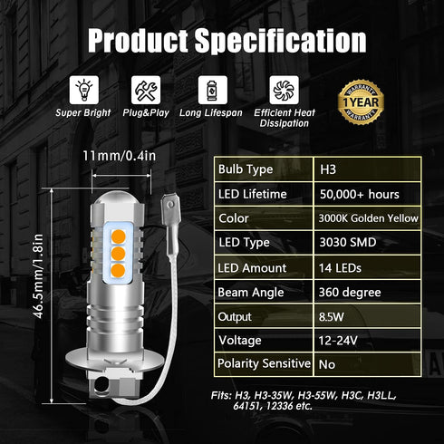 H3 LED Fog Light Bulbs Pack of 2, Extremely Bright 3030Chips H3 LED Bulbs with Projector for Car Fog Lights, Daytime Running Lights DRL (Golden Ye...