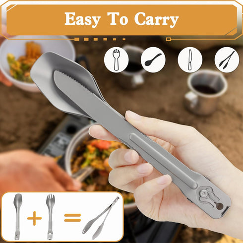5-in-1 Camping Utensils Detachable Cutlery Portable Silverware Stainless Steel Flatware Multitool Set Tongs Spork Spoon Knife for Backpacking Hiki...