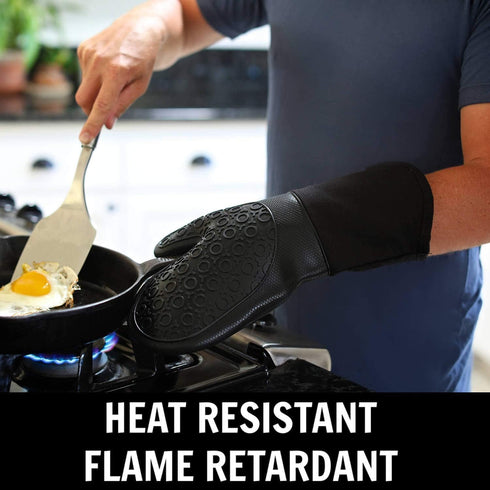 HOMWE Silicone Oven Mitts and Pot Holders, 4-Piece Set, Heavy Duty Cooking Gloves, Kitchen Counter Safe Trivet Mats, Advanced Heat Resistance, Sli...