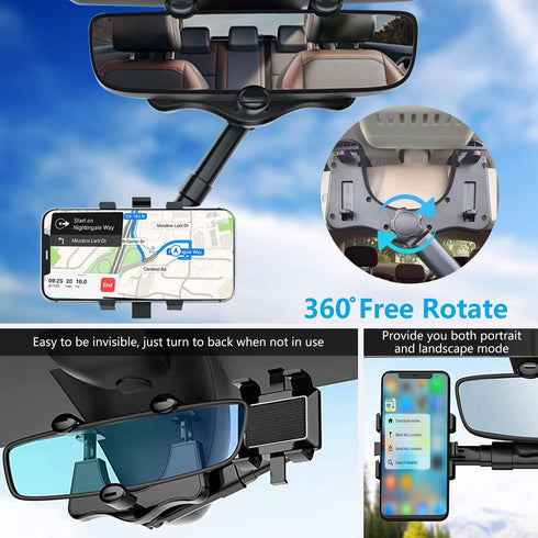 PKYAA Rearview Mirror Phone Holder for Car, 360° Rotating Rear View Mount with Adjustable Arm Length, Multifunctional and GPS Universal Car All Sm...