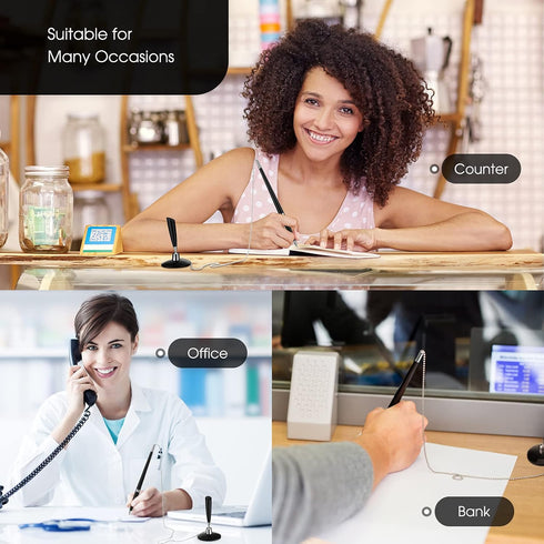 Zonon Secure Pen with Adhesive Pen Chain and Security Pen Holder Black Desk Pen with Chain Ink Reception Counter Pen for Home Office Supplies(6 Pi...