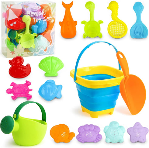 3 otters 15PCS Foldable Beach Bucket, Sand Toys Set Foldable Pail Colorful Beach Bucket with Sand Molds Collapsible Silicone Buckets...
