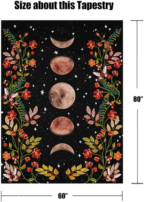 Lifeel Moonlit Garden Tapestry, Moon Phase Surrounded by Vines and Flowers Black Wall Decor Tapestry 60×80 inches...