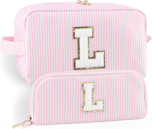 Makeup Bag Set 2pcs Spring Break Essentials Monogram Initial Cosmetic Bag Set Womens Toiletry Bag Nylon Skincare Bag With Portable Handle and Pock...