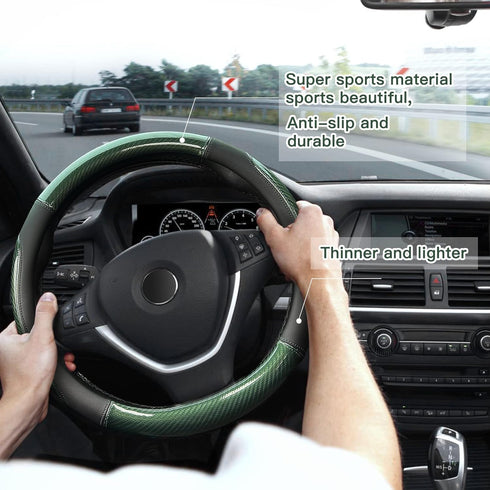 XCBYT Car Steering Wheel Cover Green - Universal Fit 14.5-15 Inch Carbon Fiber Steering Wheel Cover Sport Style with Anti-Slip Microfiber Leather ...