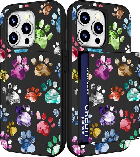 Compatible with iPhone 14 Promax Case Cute with Card Holder Slim Phone 14 Pro Max Wallet Cases for Women/Colorful Doodle Paws Dog Craws Footprints...