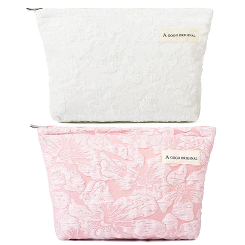 2 Pieces Embossed Pink Flower Makeup Bag Large Floral Cosmetic Bag Capacity Canvas Travel Toiletry Bag Organizer Cute Makeup Brushes Aesthetic Acc...
