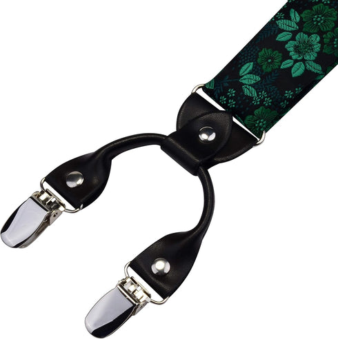 GUSLESON Adjustable Plaid Floral 6 Clips Y Shape Suspenders Pre-tied Bow Tie and Pocket Square Set with Gift Box...