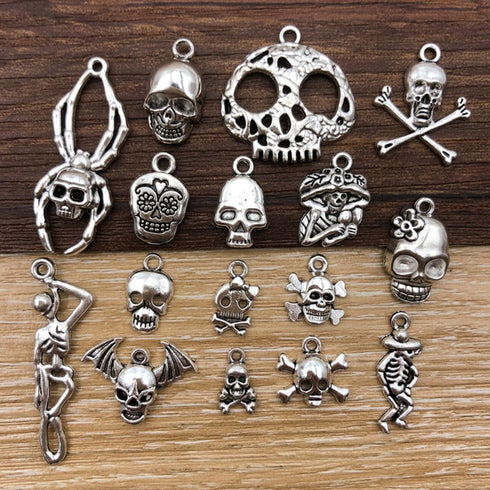 ALIMITOPIA Skull Head Charm Skeleton Bone Halloween DIY Jewelry Making Charm Pendant for Punk Necklace Bracelet Accessaries(32pcs;Silver Tone)...