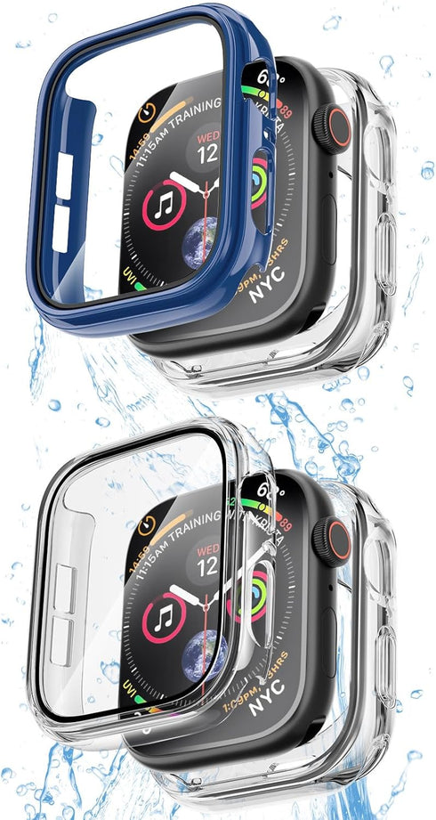 COOLQO 2 Pack Waterproof 2 in 1 Case Compatible for Apple Watch 45mm Series 9 8 7, with 9H Tempered Glass Screen Protector, Full Body Cover for iW...