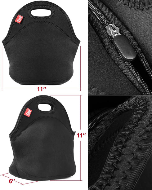 yookee home Black Lunch Bag, Insulated Lunch Box, Thick and Reusable Thermal Lunch Tote Bag, Small Neoprene Lunchbags with Zipper for Adults Kids ...