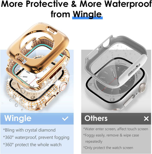 Wingle 2 Pack Waterproof Bling Case for Apple Watch 44mm Screen Protector SE Series 6 5 4, 2 in 1 Full Glitter Bling Diamond Rhinestone Bumper Fac...