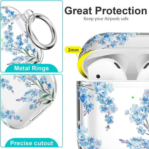 Protective Clear Floral Case Cover with Cleaner Kit Portable Shockproof Women Girls with Keychain for Apple Airpods 2/1 Charging Case - Clear/Blue...