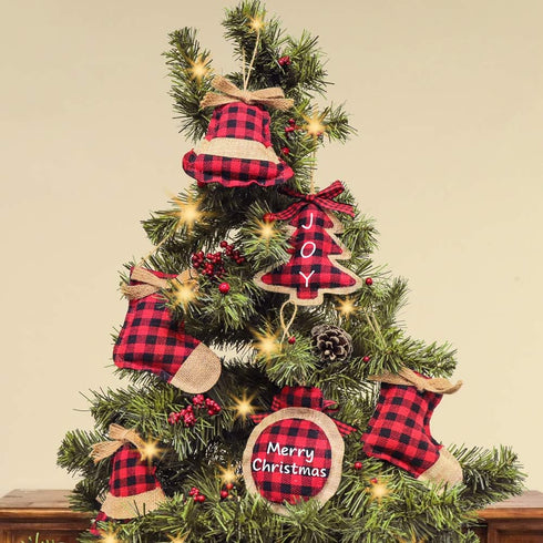 Ivenf Christmas Decorations Indoor Tree Ornaments, 8pcs Red Black Buffalo Plaid Burlap Farmhouse Xmas Ornaments, Tree Ball Bell Stocking Shaped Ru...