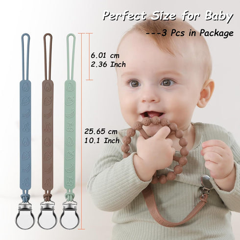 Silicone Pacifier Clip, Seposeve Pack of 3 Baby Pacifier Teether Clip with 4 Texture, Soft Flexible Silicone Pacifier Leashes & Cases for Boy and ...