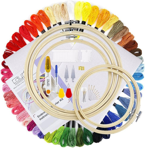 Caydo Embroidery Kit with Packing Bag Including Instructions, 5 Pcs Embroidery Hoops, 50 Color Threads, Aida Cloth, and Cross Stitch Tool Embroide...
