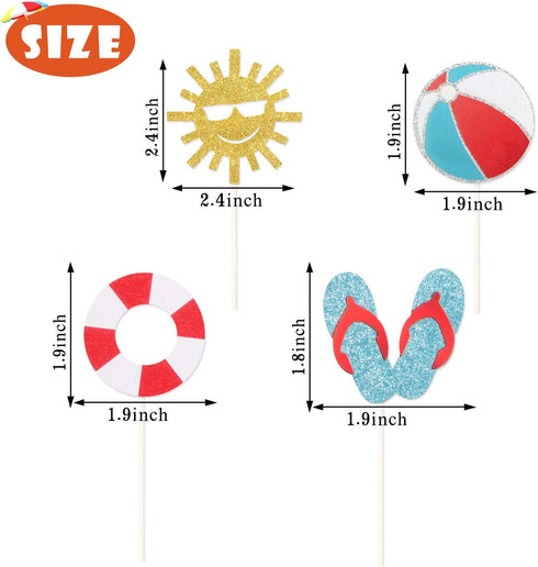 24Pcs Glitter Summer Beach Cupcake Toppers Pool Party Cupcake Picks For Hawaiian Theme Birthday Wedding Party Baby Shower Summer Luau Party Decora...