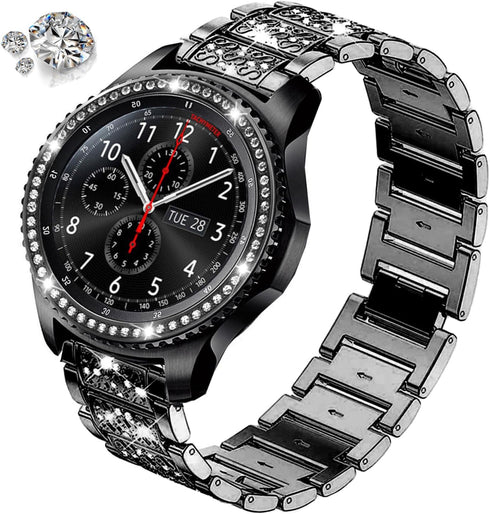 Bands Compatible with Samsung Galaxy Watch 46mm / Gear S3 Frontier/Classic, 22mm Bling Rhinestone Diamond Metal Strap with Bezel Ring Cover Replac...