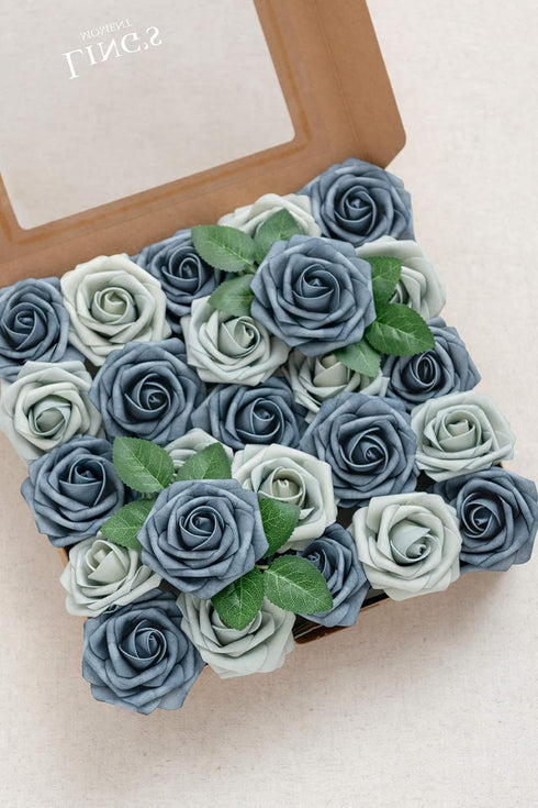 Ling's Moment Artificial Flowers 50Pcs Dusty Blue & Navy Roses Decor w/Stems,3" Real Touch DIY Foam Floral for Wedding Bouquet/Centerpieces, Outdo...