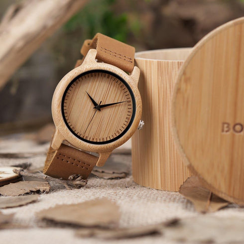 BOBO BIRD Men's Women's Bamboo Wooden Watch with Brown Cowhide Leather Strap Analog Quartz Casual Watches...