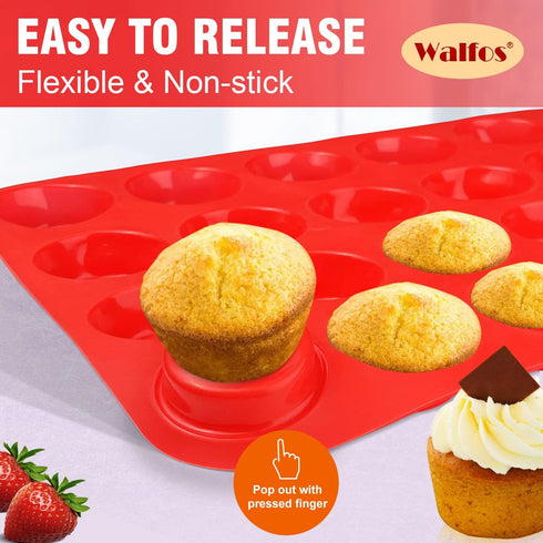 Walfos Silicone Cupcake Pan Set, 2-Piece Mini 24 Cups Muffin Baking Pan, BPA Free and Dishwasher Safe, Non-stick , Great for Making Muffin Cakes, ...