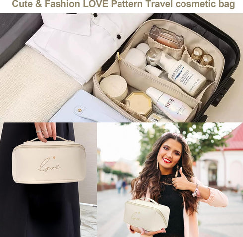 Travel Makeup Bag, Cute Love Cosmetic Bags for Women, Large Capacity Waterproof Portable Pouch Open Flat Toiletry Bag Make up Organizer with Divid...
