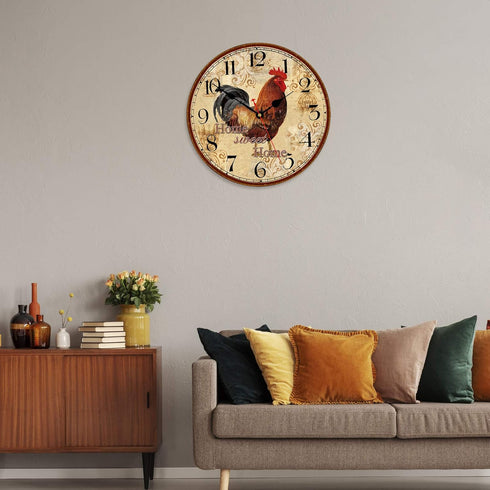 TAHEAT 14 Inch Rustic Rooster Wall Clock Retro Silent Non Ticking Easy to Read Clock, Battery Operated Decorative Wall Clocks for Kitchen/Living R...