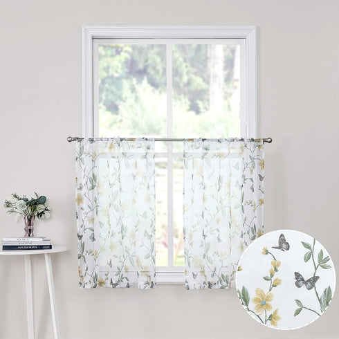 Tollpiz Short Sheer Floral Tier Curtains Yellow Flower Butterfly Printed Half Window Curtain Rod Pocket Kitchen Voile Faux Linen Curtains for Bath...