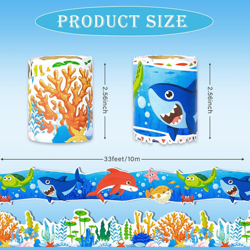 2 Rolls 66ft Ocean Bulletin Board Borders Under The Sea Animal Creatures Theme Print Border Trim for School Classroom Blackboard Chalkboard Sea An...