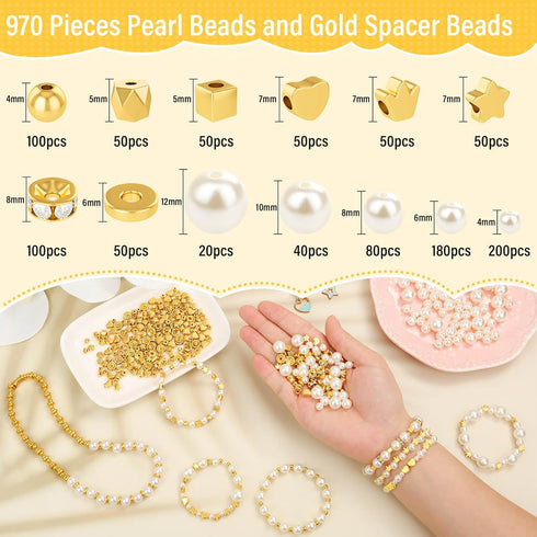 Audab Pearl Beads for Bracelet Making, 970 Pieces Pearl Beads and Gold Spacer Beads for Bracelets and Jewelry Making...