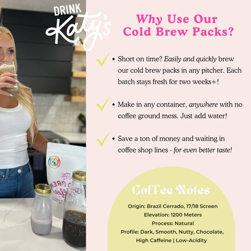 Drink Katy’s Cold Brew Coffee Packs, 6 Large Ready-to-Brew Pitcher Packets, No More Messy Cold Brew, Smooth & Delicious Dark Roast Brazilian Craft...