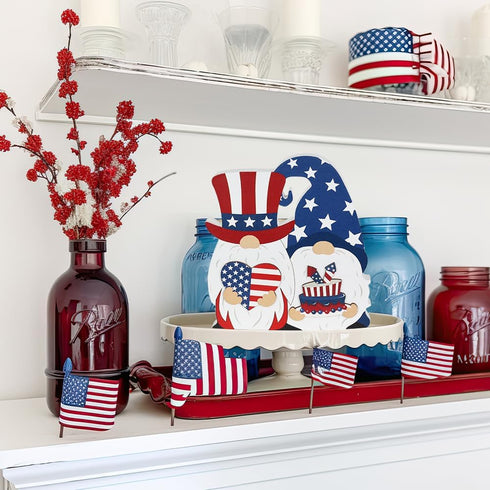 4th of July Decorations for Home, DECSPAS Patriotic Red White and Blue Summer Decor, Fourth of July Independence Day Double Sided Wooden Tiered Tr...