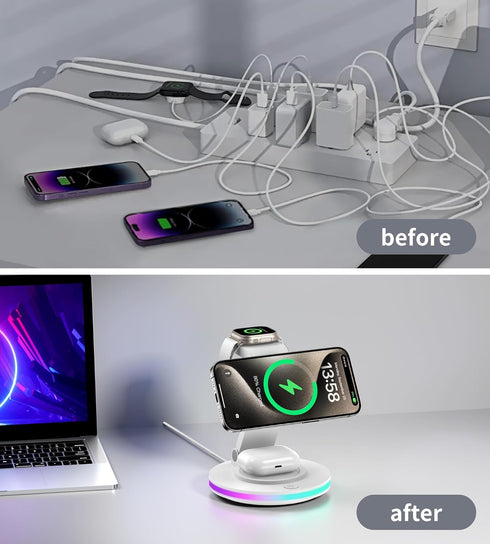 3 in 1 Mag-Safe Charger Stand, Magnetic Foldable Wireless Charging Station for Apple, Rotating & Light Adjust, Compatible with iPhone 15/14/13/12 ...